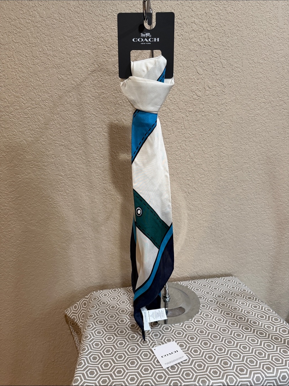 Coach Ivory Scarf with Teal & Navy Panels